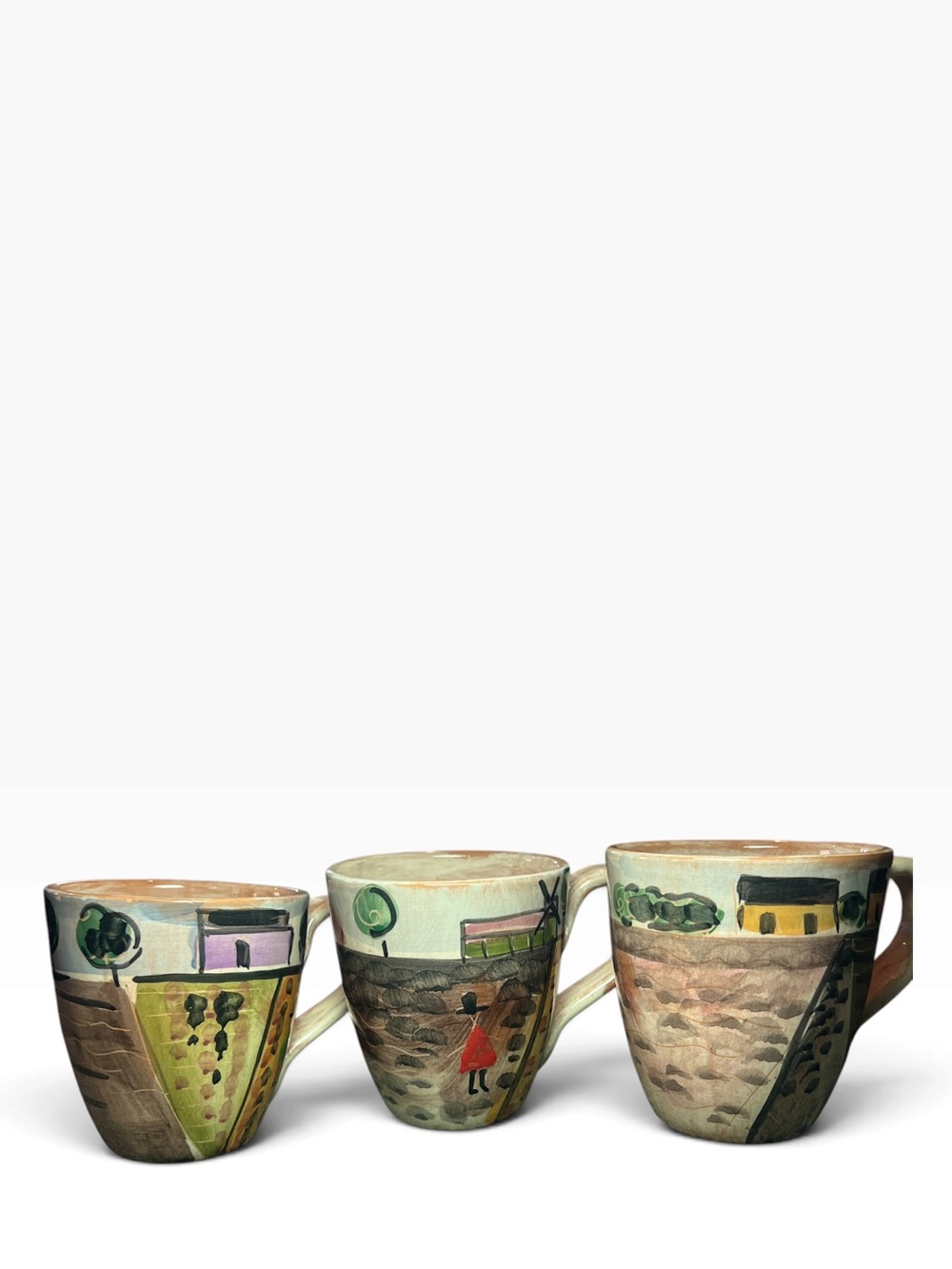 Vietri Tuscany Italian terracotta mug with a rustic hillside landscape Set of 3